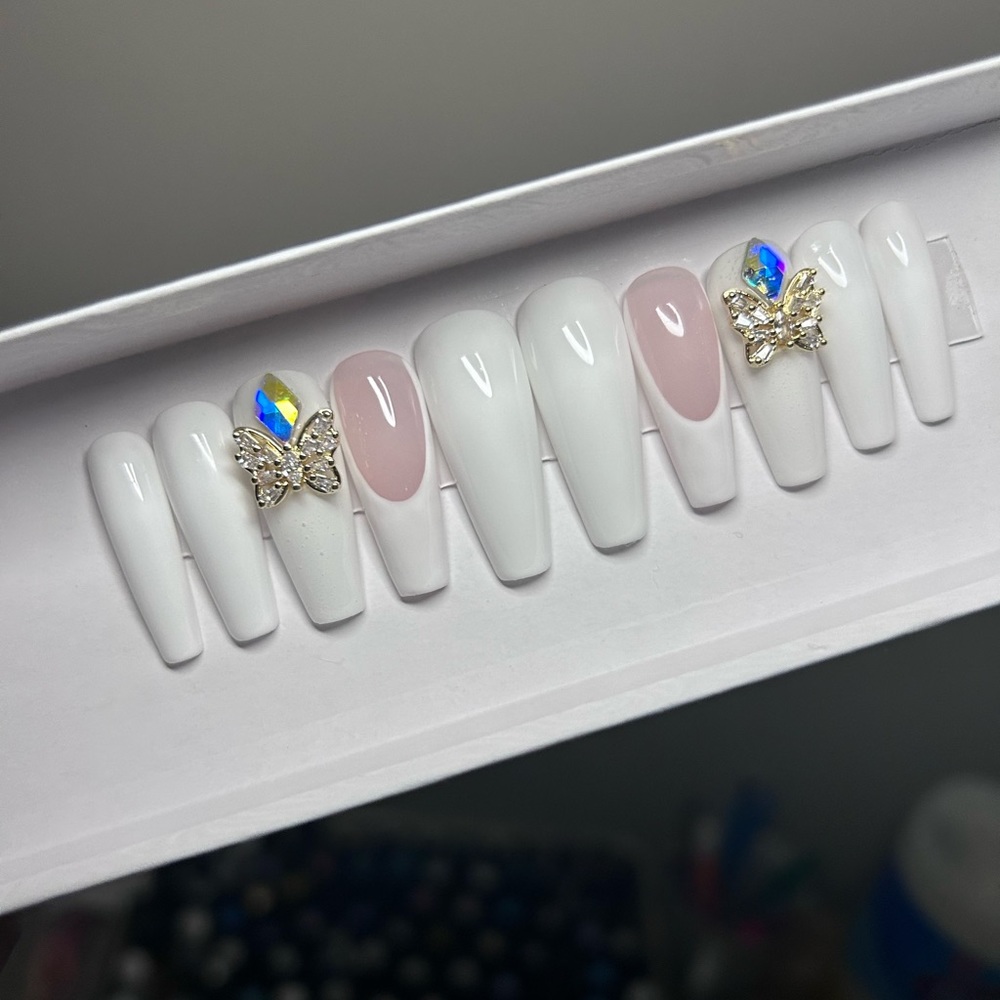 French Tip Butterfly Rhinestone Acrylic Handmade Press-on Nails